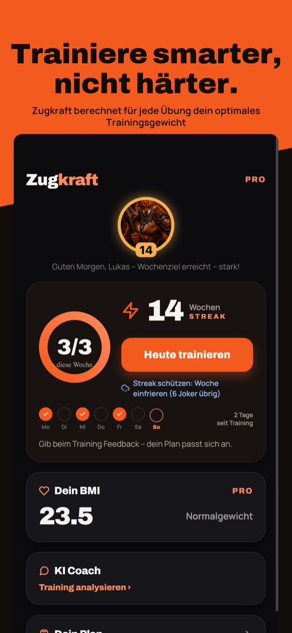 Start-Screen mit Streak, Wochenziel und KI-Coach