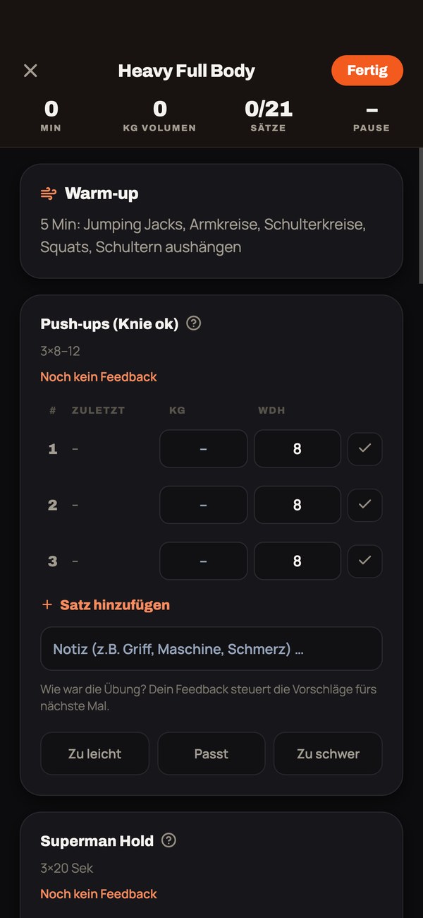 Trainings-Session mit automatischen Gewichts-Vorschlägen